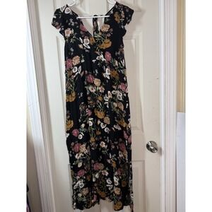 ee:some Floral Maxi Dress Womens S Black Boho Cottagecore Tie Back